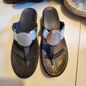 Black Croc Sandals with Silver Accents